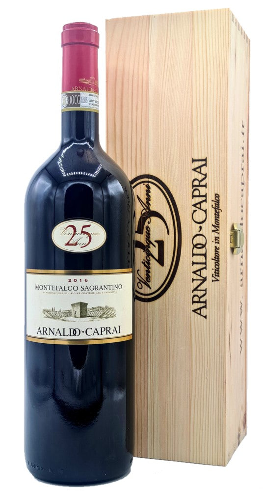Bottiglia di vino rosso Arnaldo Caprai Montefalco Sagrantino 25 anni annata 2016 magnum con cassetta di legno
