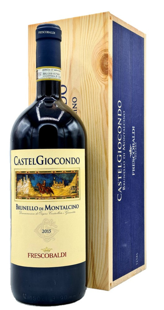 bottiglia di vino rosso Frescobaldi brunello di montalcino castelgiocondo annata 2015 magnum con astuccio in legno