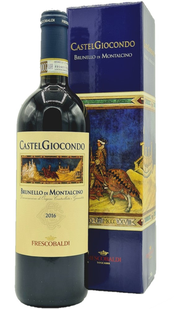 bottiglia di vino rosso Frescobaldi brunello di montalcino castelgiocondo annata 2016 con astuccio in cartone